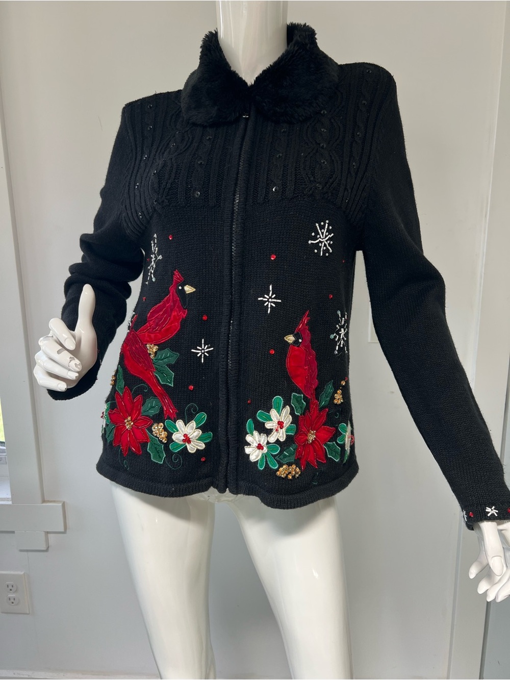 Christmas Embroidery  cotton blend knit sweater cardigan beaded fur collar